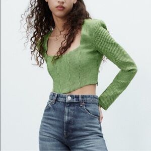 💚🖤NWT-ZARAHoundstooth Neon Green Crop Corset Bustier Long Sleeve Top Sz S💚🖤